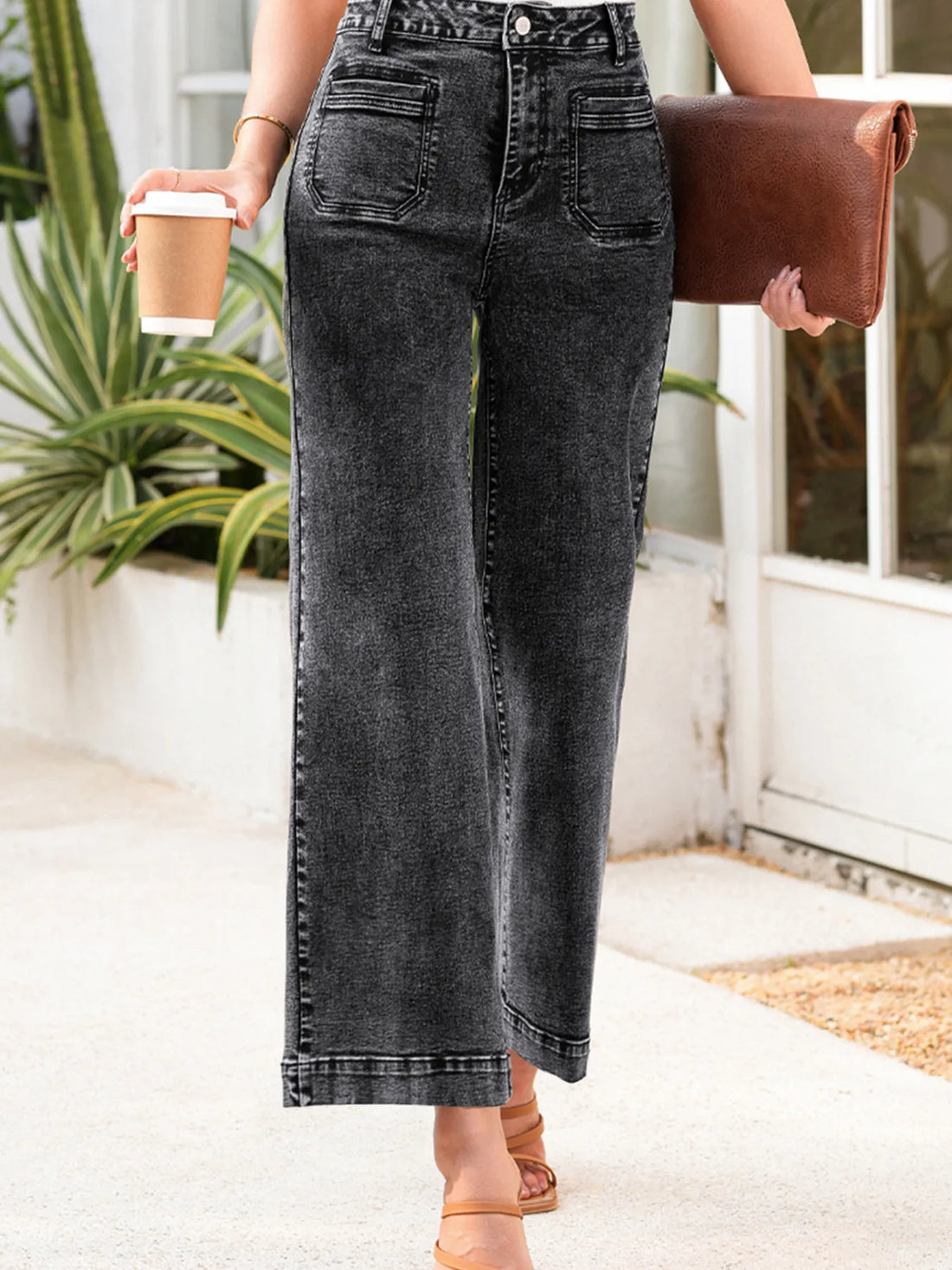 High-Waisted Wide Leg Washed Jeans - cas7m