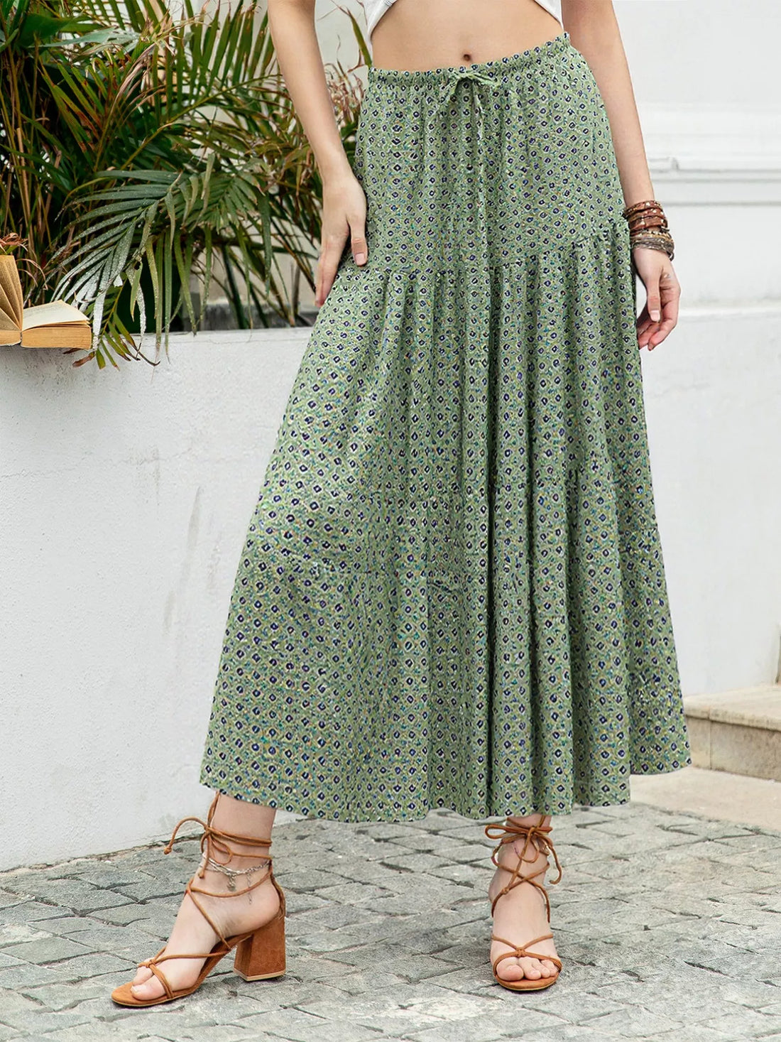 Boho Print Tiered Maxi Skirt - cas7m