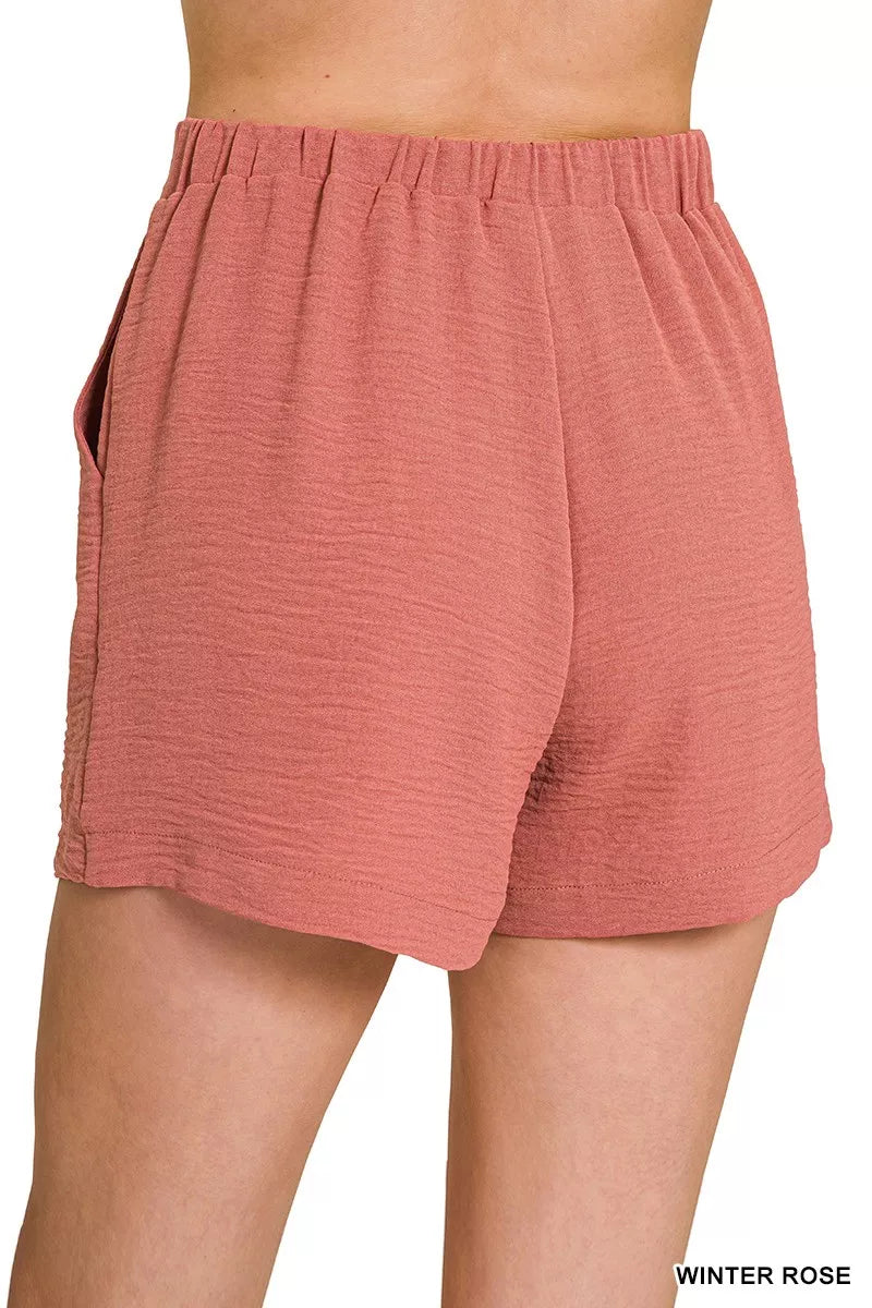 Zenana Woven Airflow Back Elastic Waist Shorts - cas7m