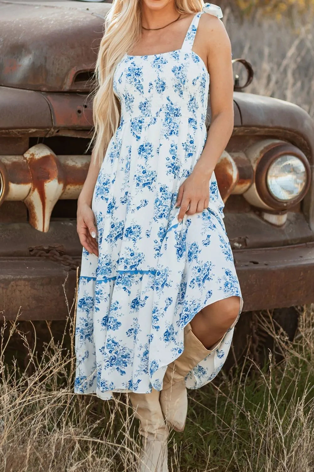 Printed Tie Shoulder Dress - cas7m