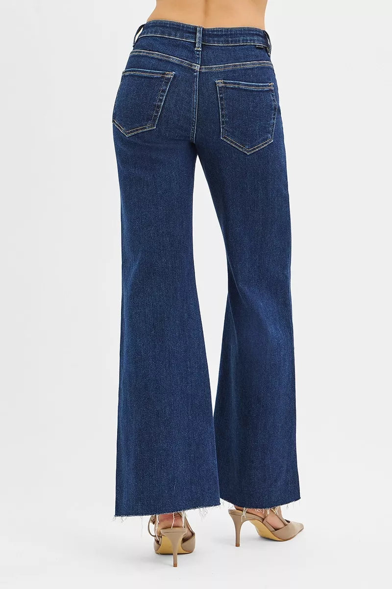 RISEN High Rise Wide Flare Jeans with Front Leather Pocket Detail - cas7m