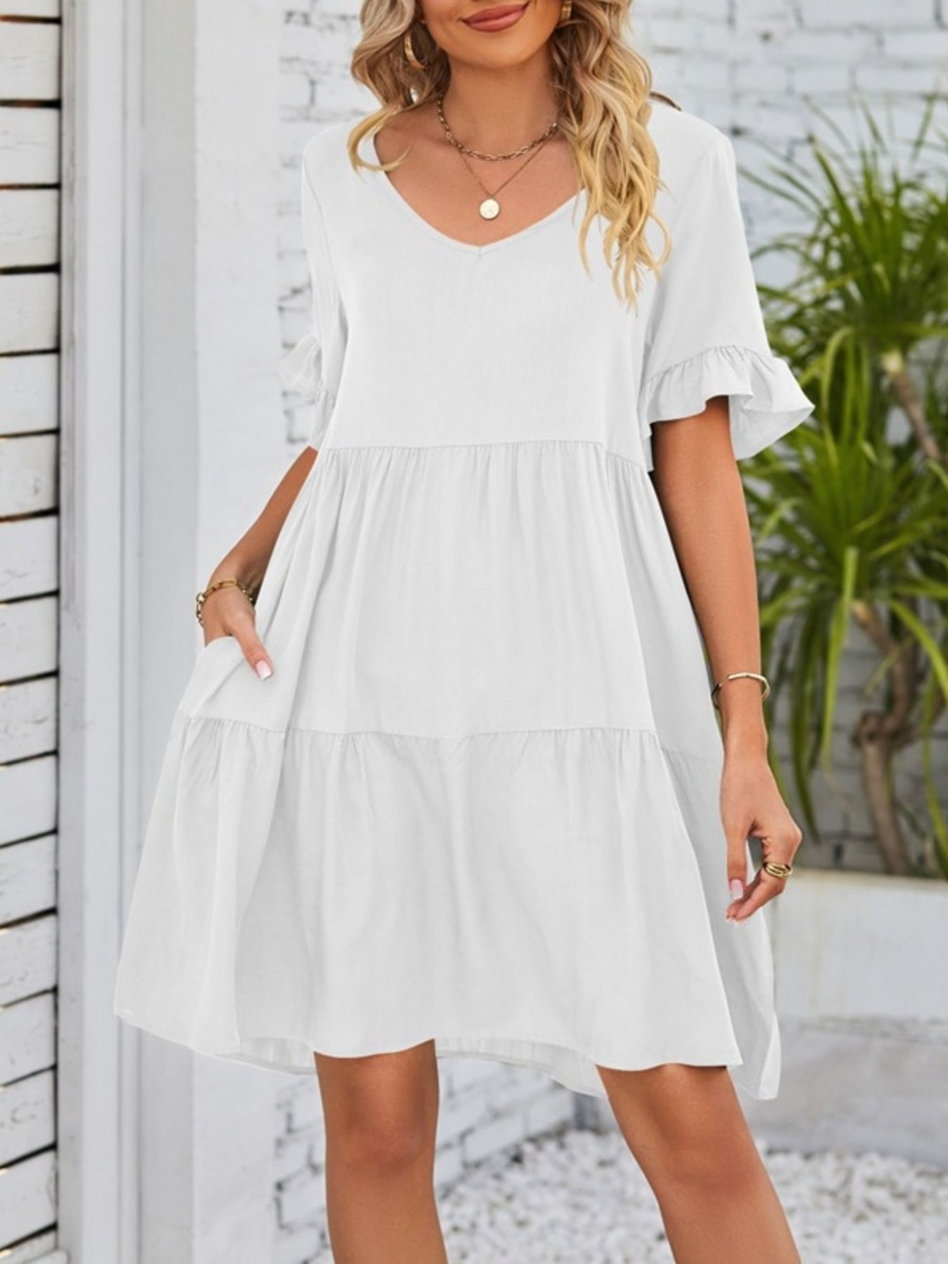 Ruffled Sleeve Tiered Mini Dress - cas7m