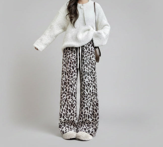 Heavy Weight Leopard Print Wide-leg Pants Spring And Autumn Women's Clothing - cas7m