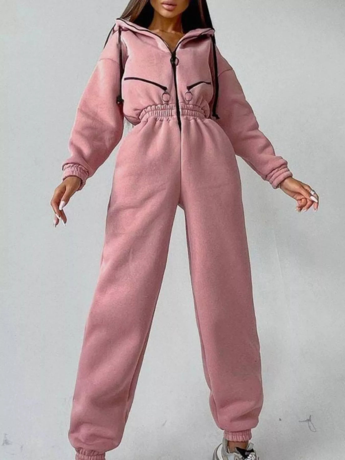 Hooded Zip-Up Long Sleeve Jumpsuit - cas7m