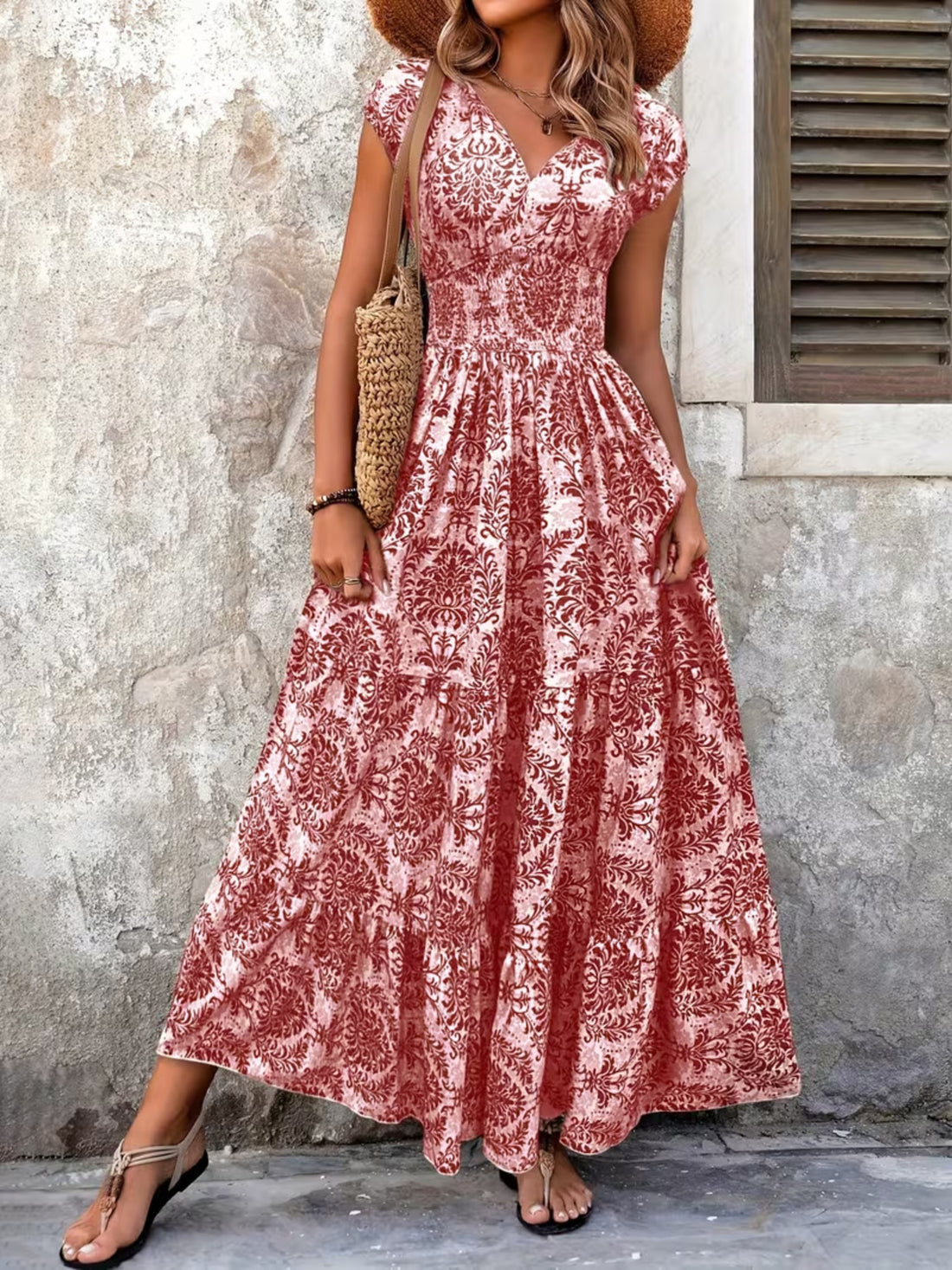 Smocked Tiered Maxi Dress - Chic Polyester Statement - cas7m