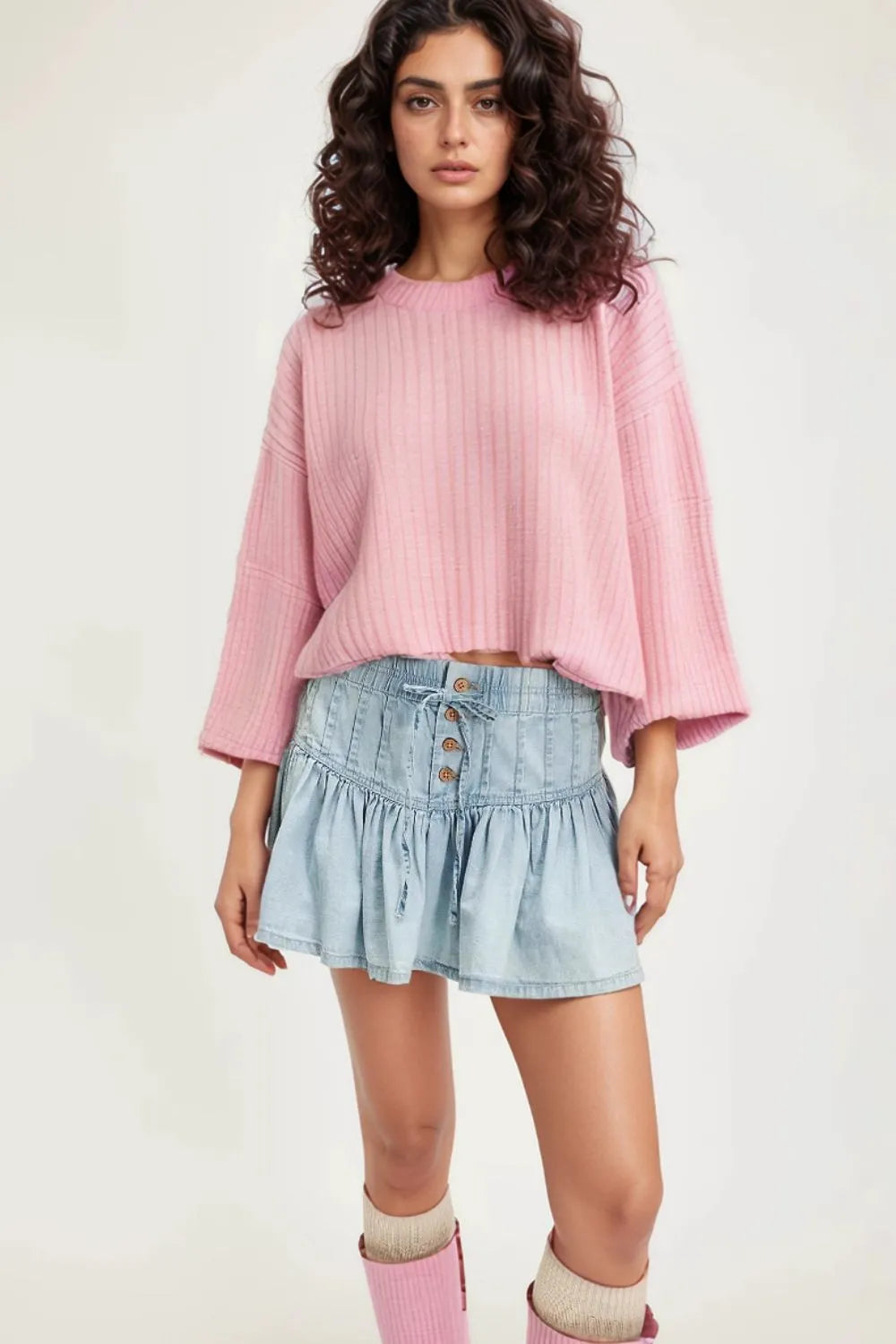 Buttoned Ruffled Mini Denim Skirt - cas7m