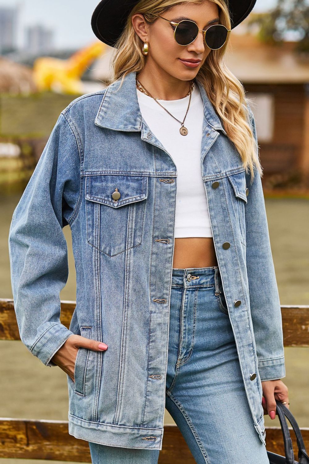 Buttoned Collared Neck Denim Jacket with Pockets - cas7m