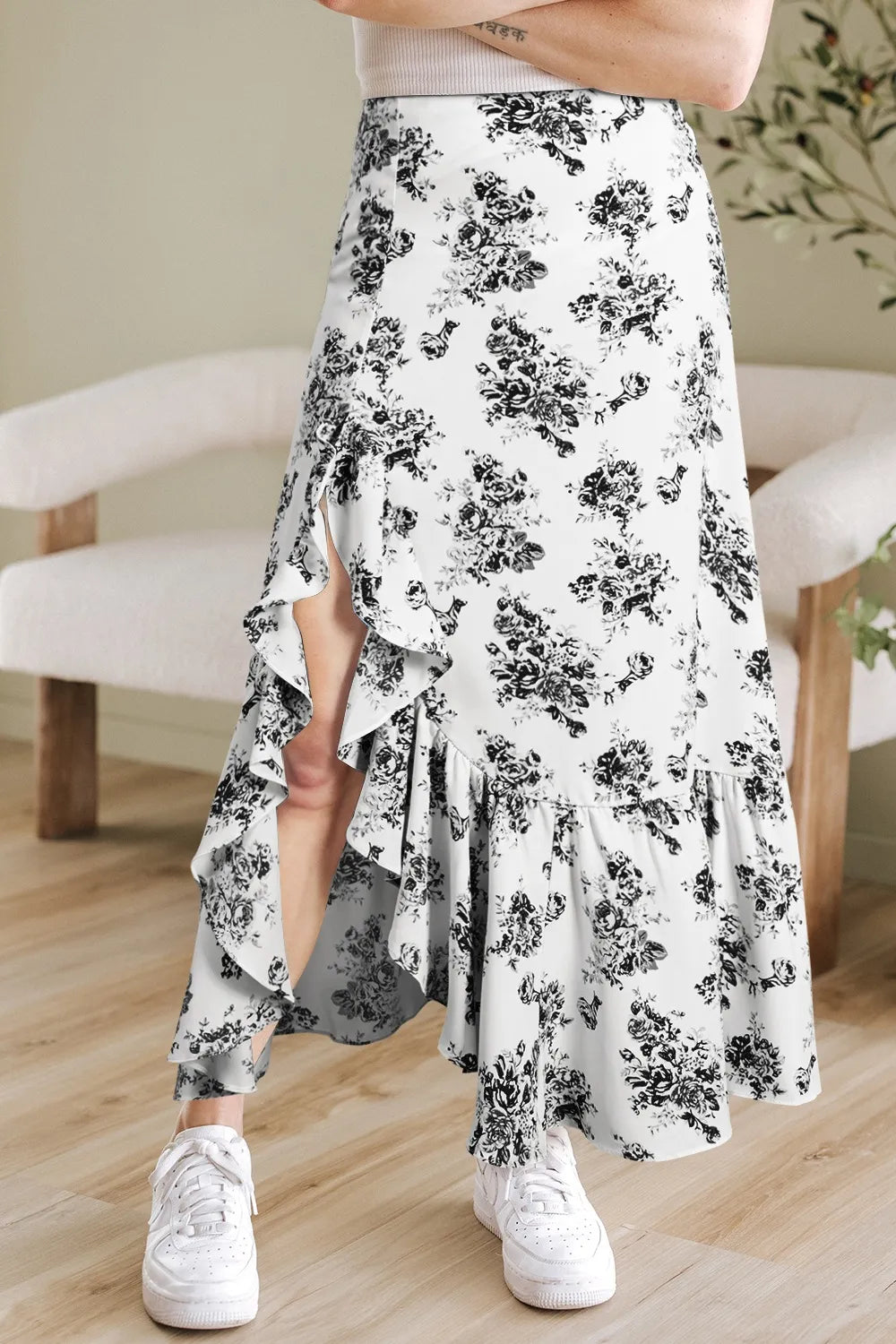 Boho Floral High Waist Ruffle Split Maxi Skirt - cas7m
