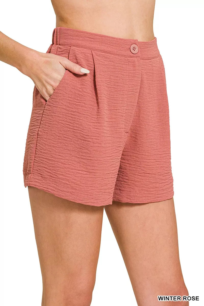 Zenana Woven Airflow Back Elastic Waist Shorts - cas7m