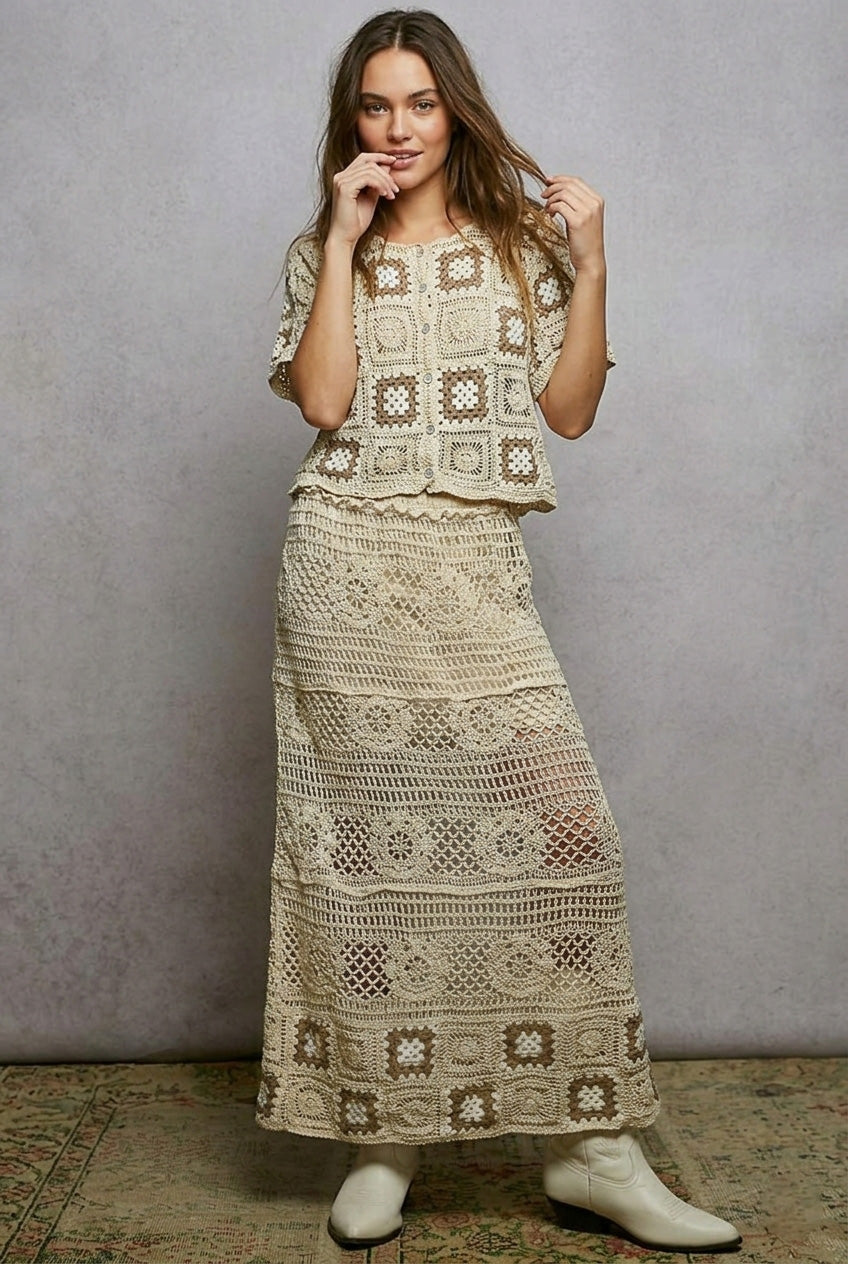 POL Floral Crochet Ruffled Waistband Maxi Skirt with Granny Square Weave - cas7m