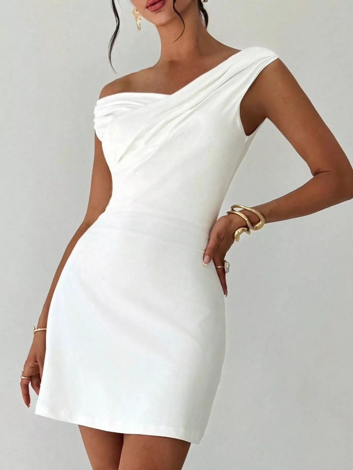 Elegant Off-Shoulder Draped Mini Dress - cas7m