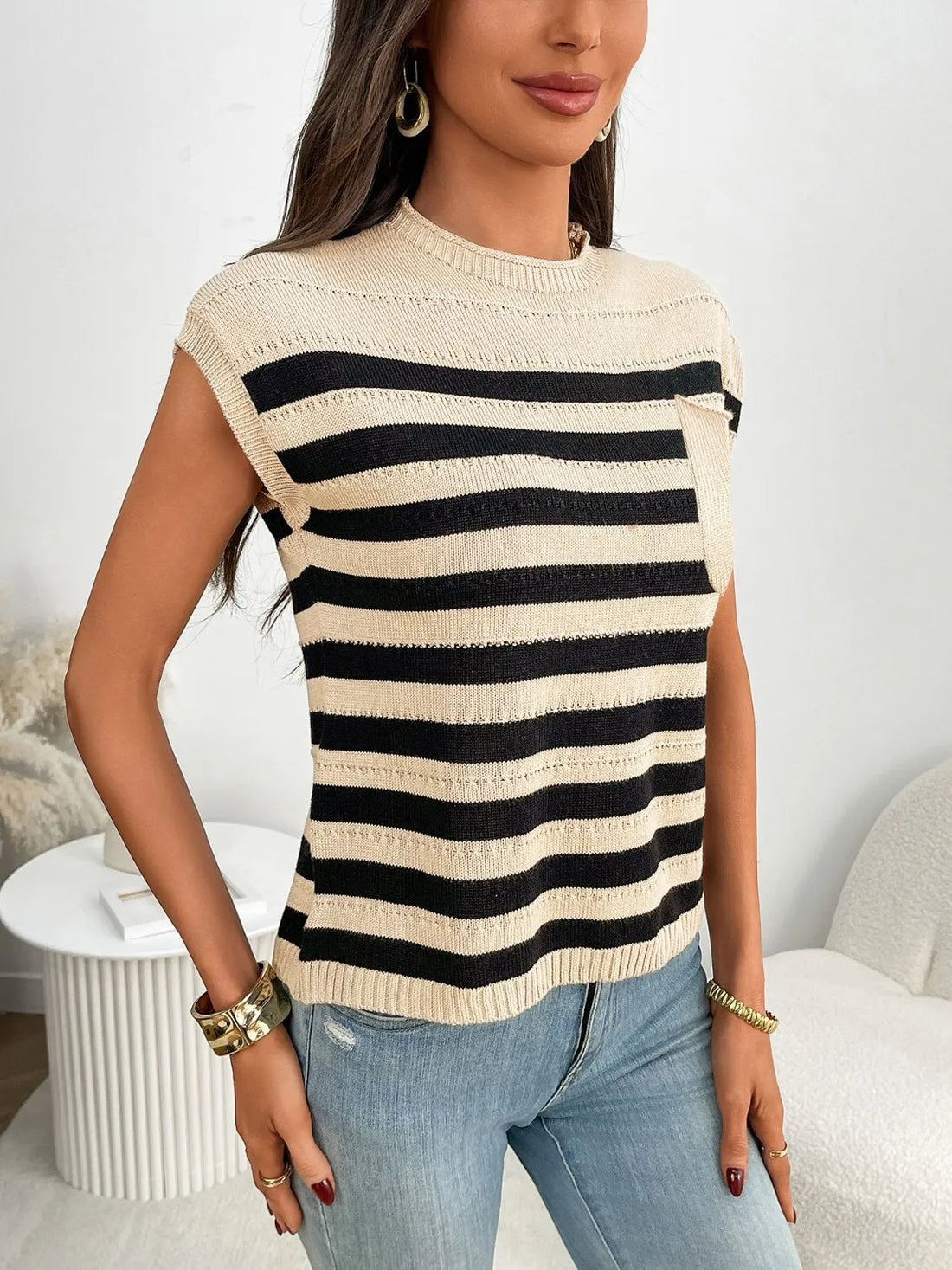 Striped Mock Neck Cap Sleeve Knit Top - cas7m