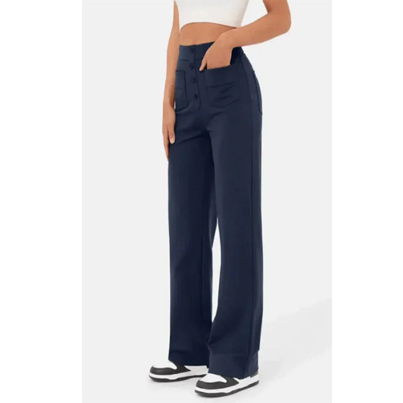 High Waist Trousers With Pockets Casual Loose Wide Leg Button Straight Pants Women's Clothing - cas7m