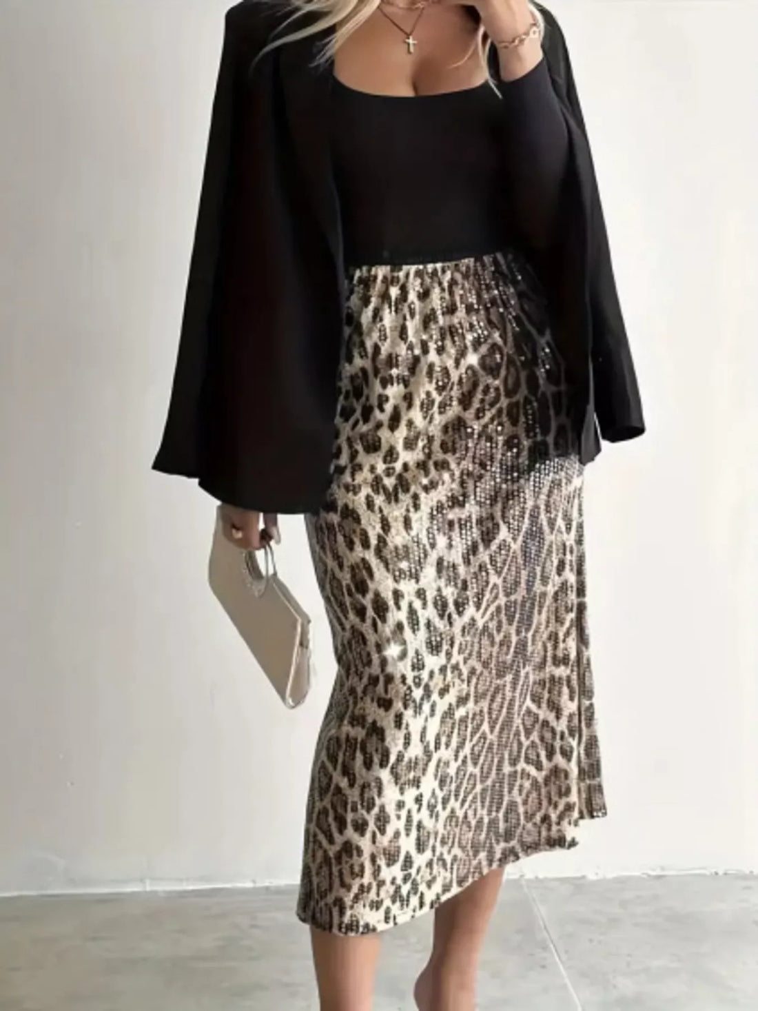 Sequin Leopard Midi Skirt - cas7m