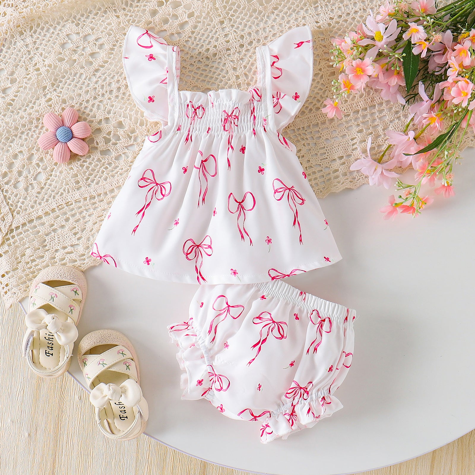 Womens Loose Set With Puffed Sleeves Bow Tie And Floral Print - cas7m