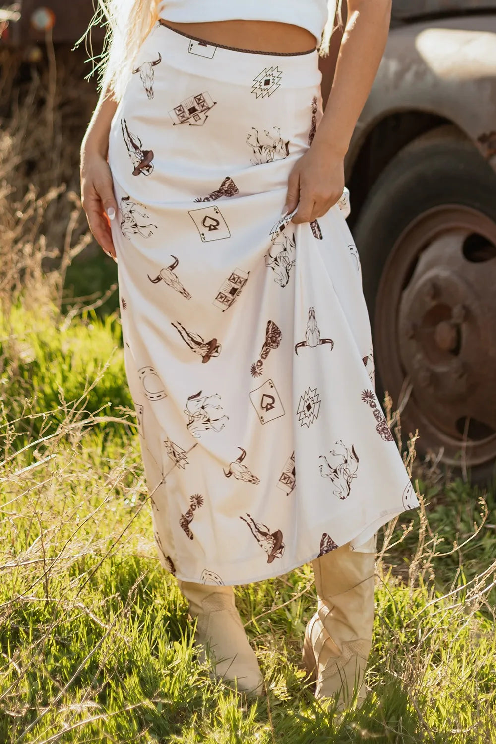 Western Print Satin Long Skirt - cas7m