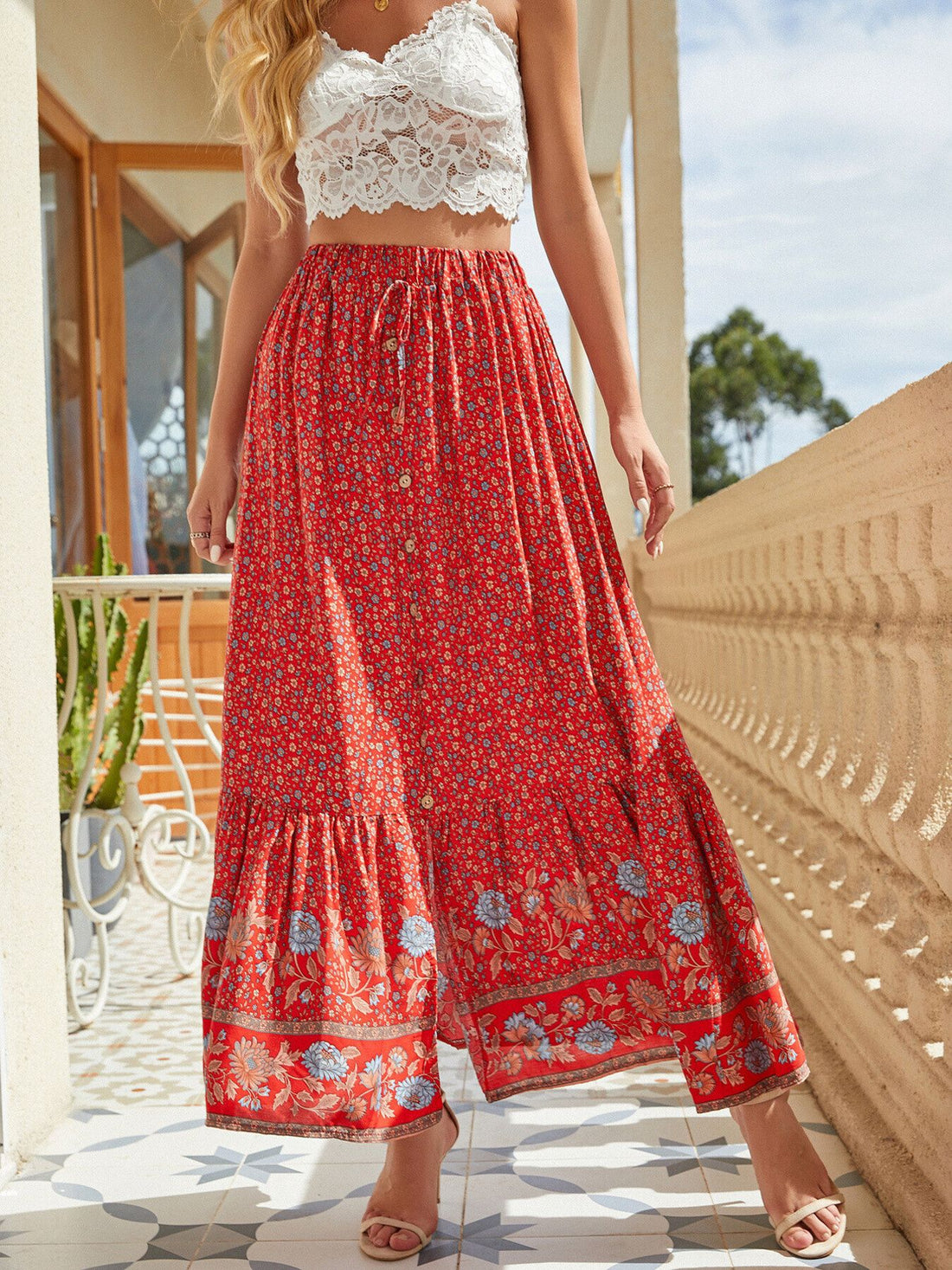 Floral Print Slit Skirt - cas7m