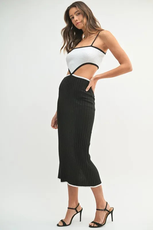 MABLE Ribbed Knit Color Block Cutout Midi Dress - cas7m