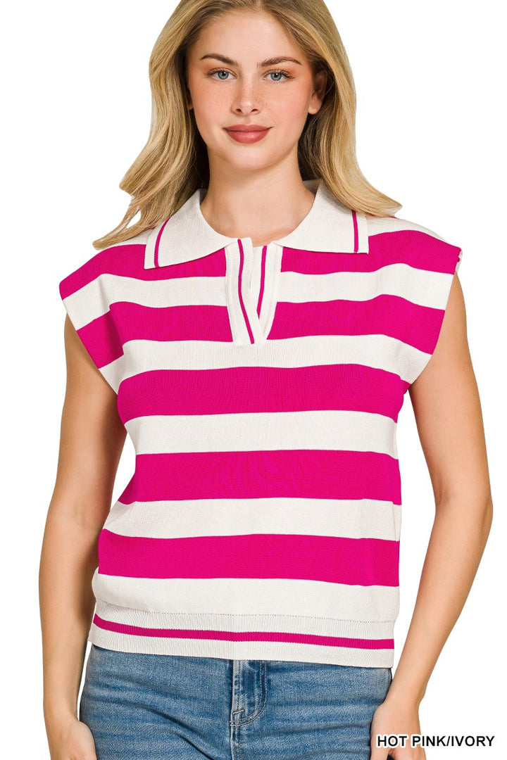 Zenana Viscose Striped Collared Sweater Vest - cas7m