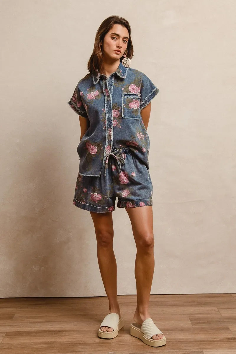 BiBi Floral Printed Denim Short Pants With Pocket - cas7m