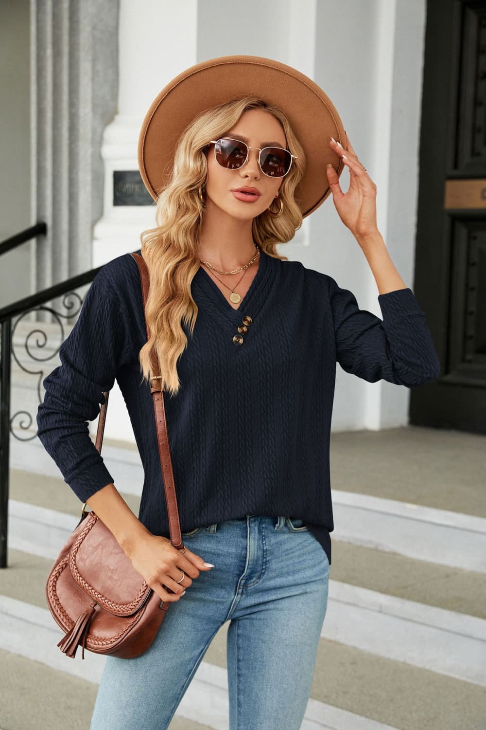 Decorative Button V-Neck Long Sleeve T-Shirt - cas7m