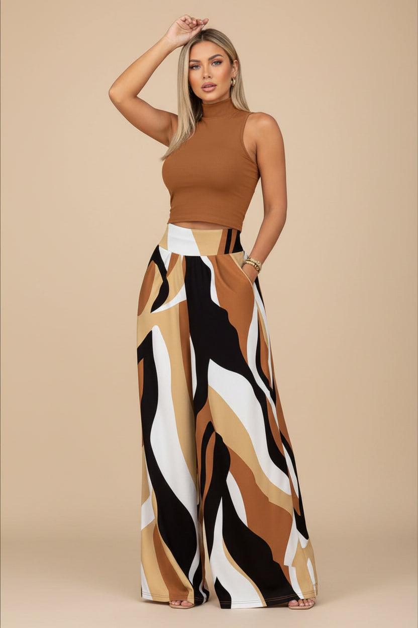 Loose High Waist Wide Leg Printed Straight Casual Pants - cas7m