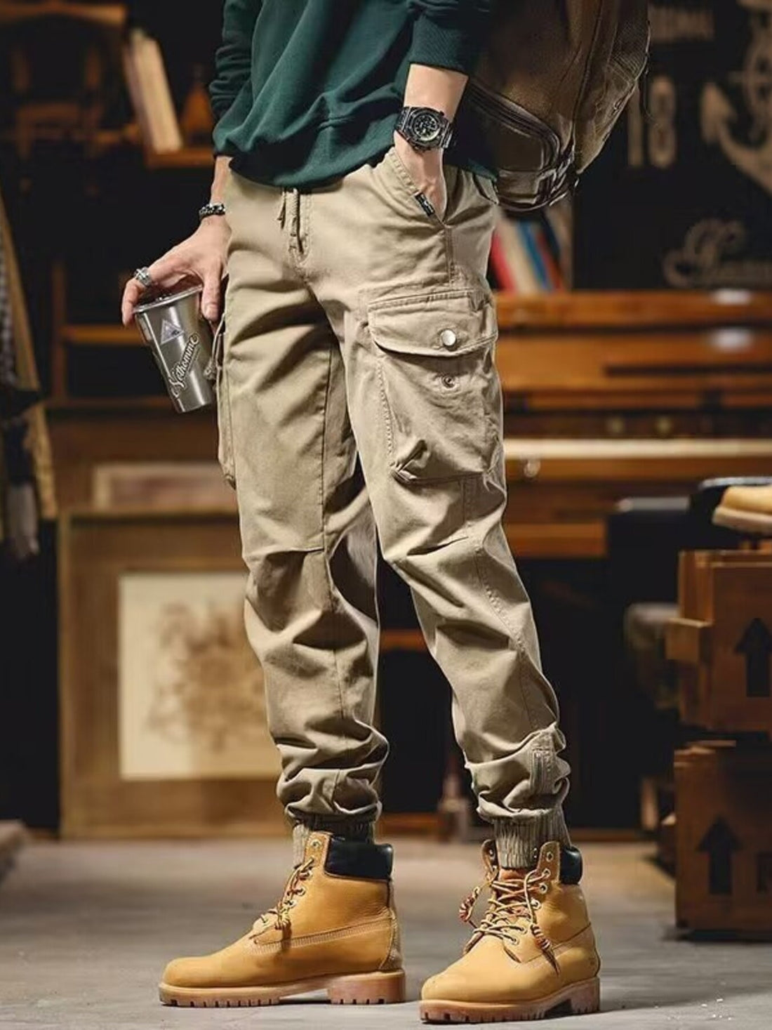 Men's Plus Size Casual Cargo Pants with Elastic Cuff - cas7m