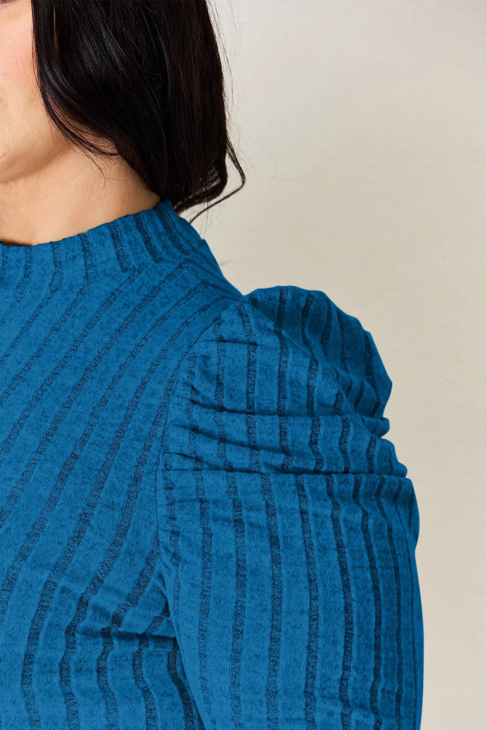 Basic Bae Full Size Ribbed Mock Neck Puff Sleeve T-Shirt - cas7m