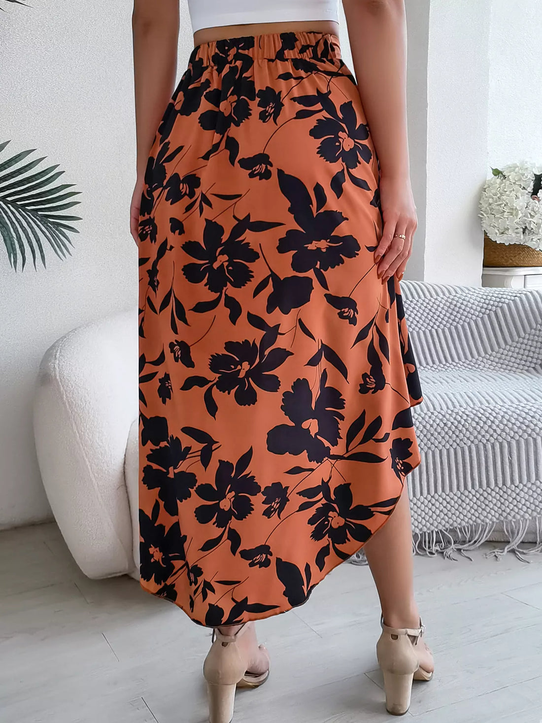 Floral Print Ruffle Hem Asymmetrical Skirt - cas7m