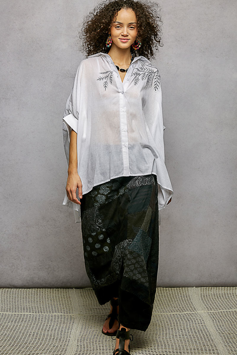 POL Button Down Embroidered Floral High-Low Hem Shirt - cas7m