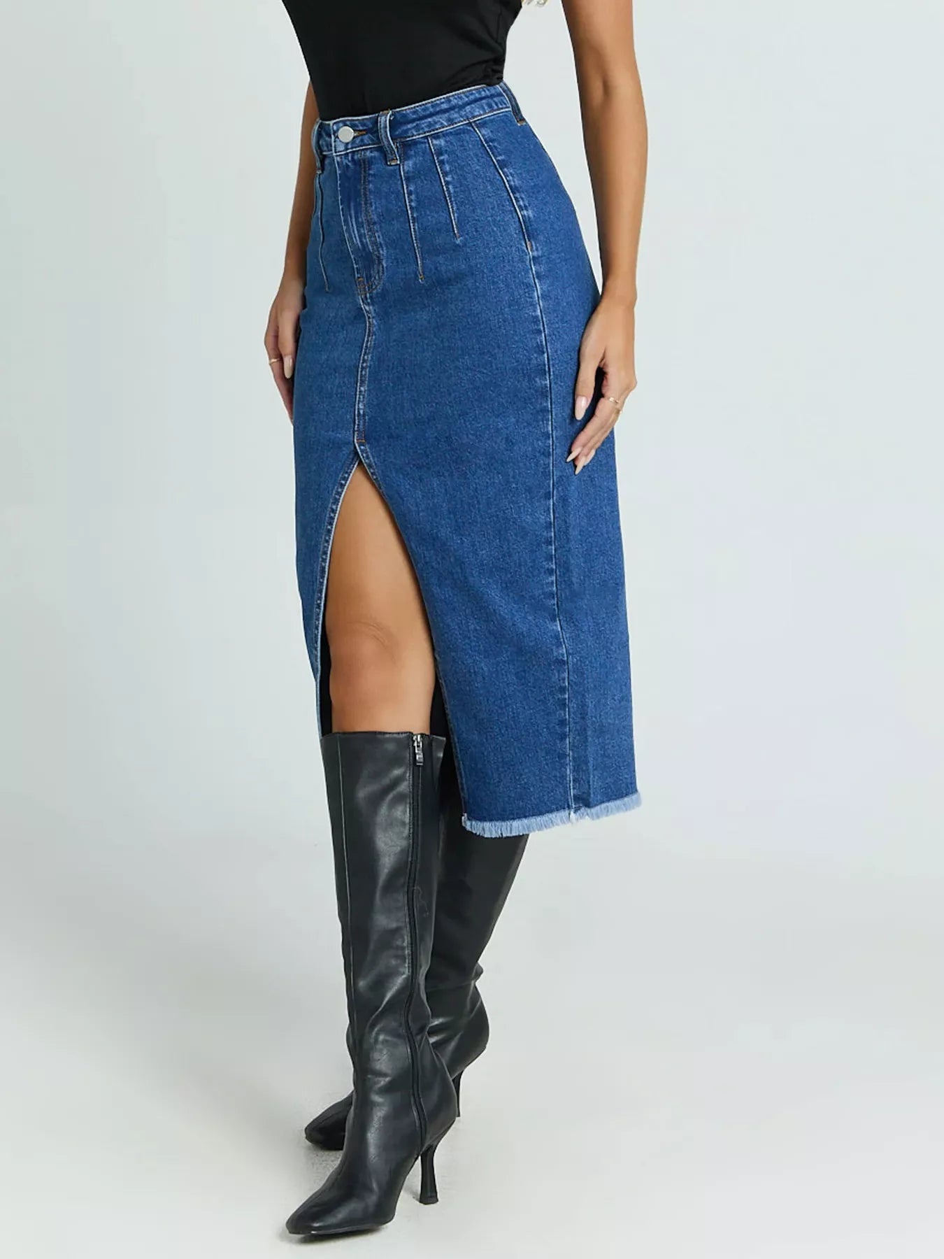 High-Waisted Slit Denim Skirt - cas7m