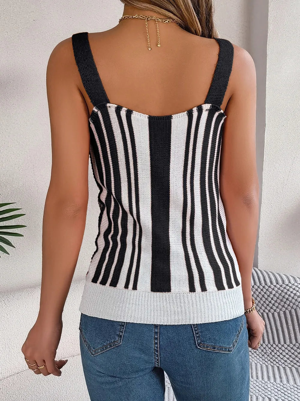Openwork Striped V-Neck Tank - cas7m