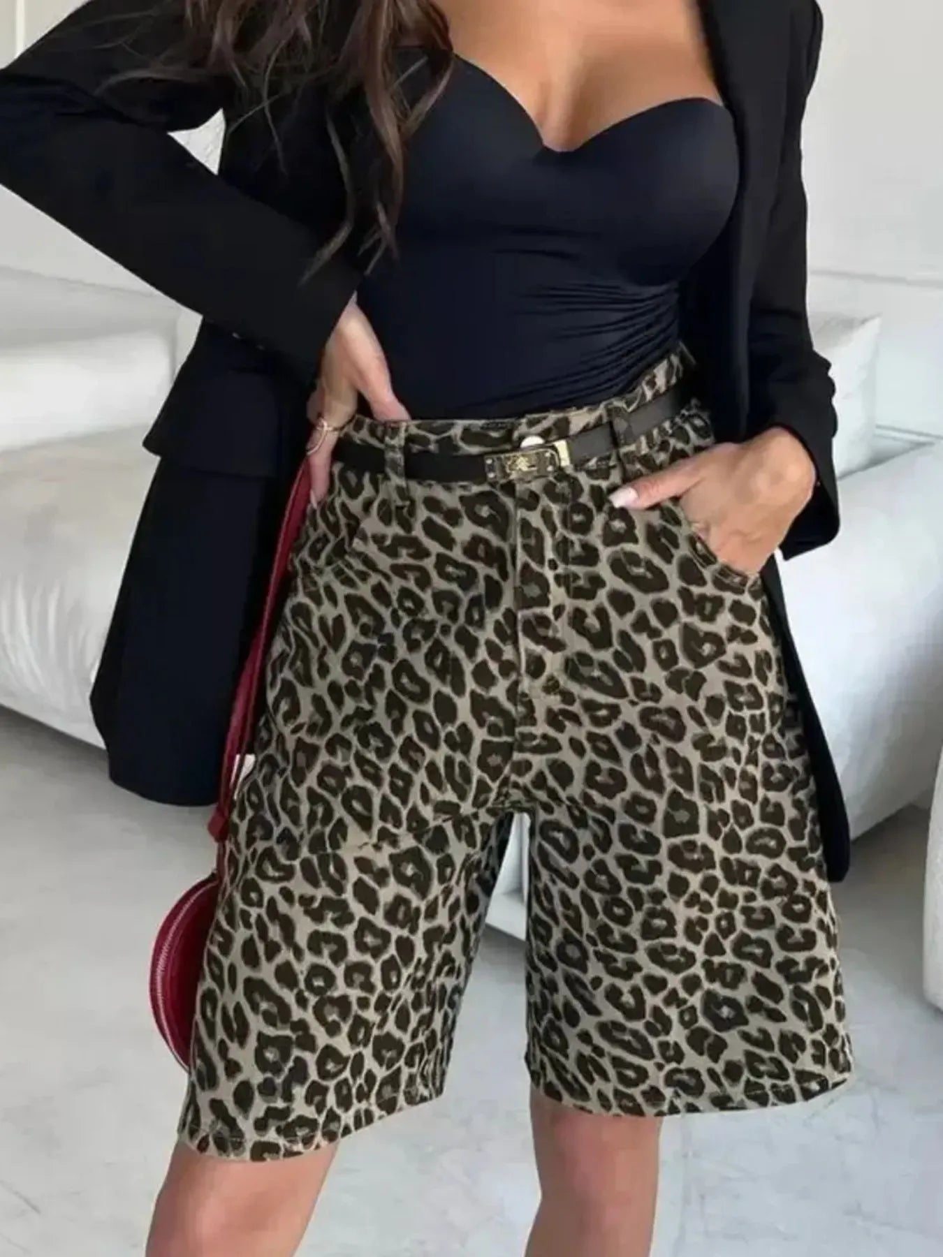 Leopard Print High-Waisted Casual Shorts - cas7m