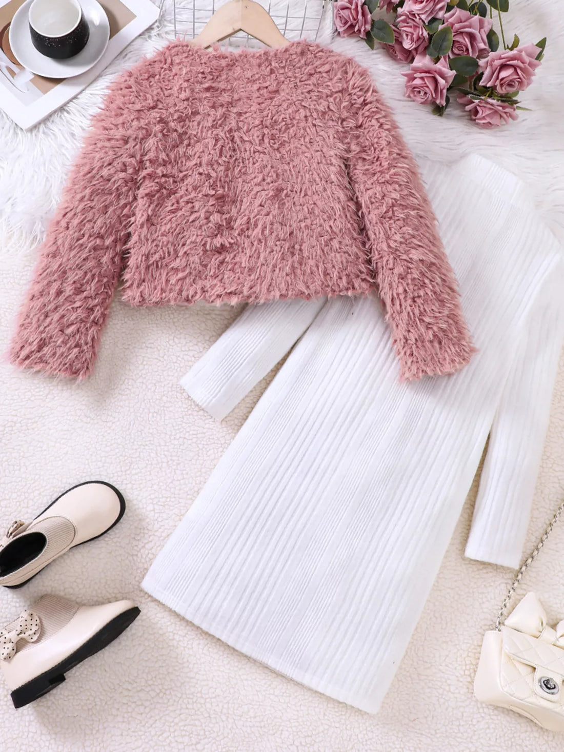 Children's Faux Fur Jacket & Ribbed Dress Set - cas7m