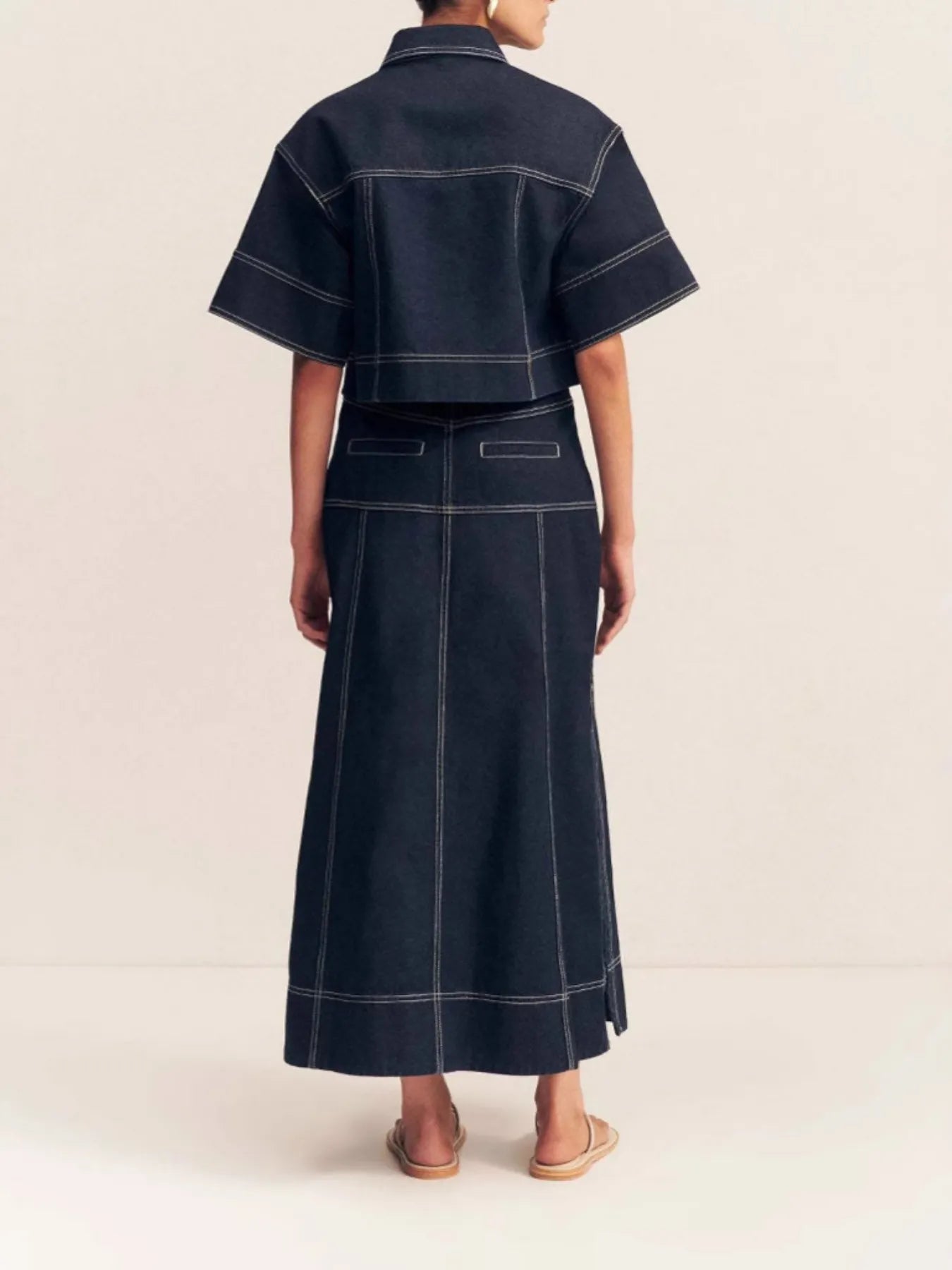 High-Waist Side Slit Contrast Stitch Denim Maxi Skirt - cas7m