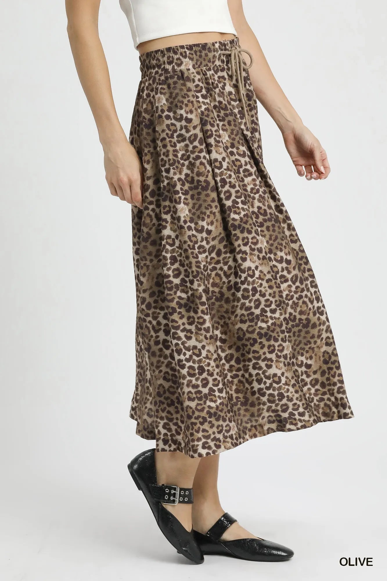 Umgee Drawstring Leopard Midi Skirt - cas7m