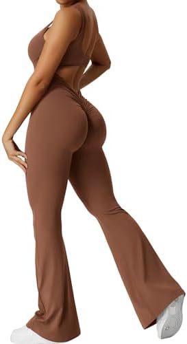 Women Sleeveless Flare Jumpsuits Fitness Yoga Long Pants - cas7m