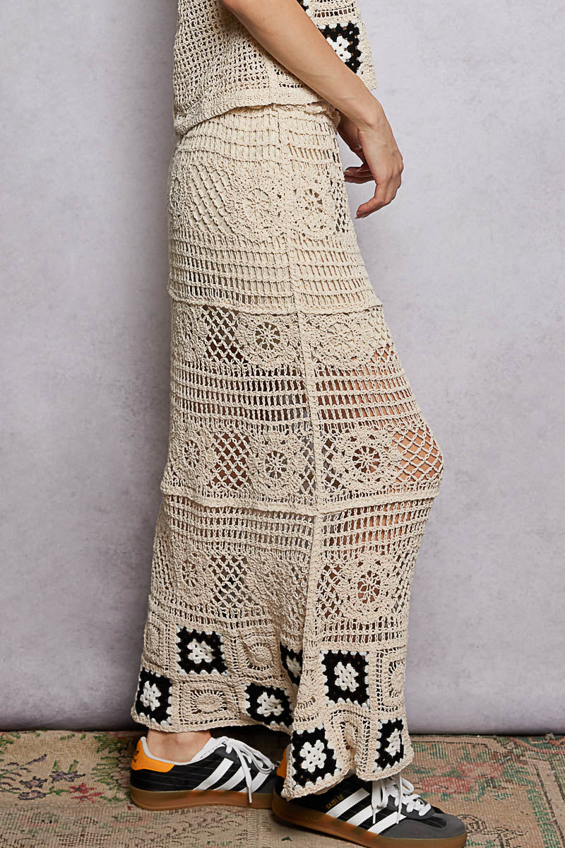 POL Floral Crochet Ruffled Waistband Maxi Skirt with Granny Square Weave - cas7m