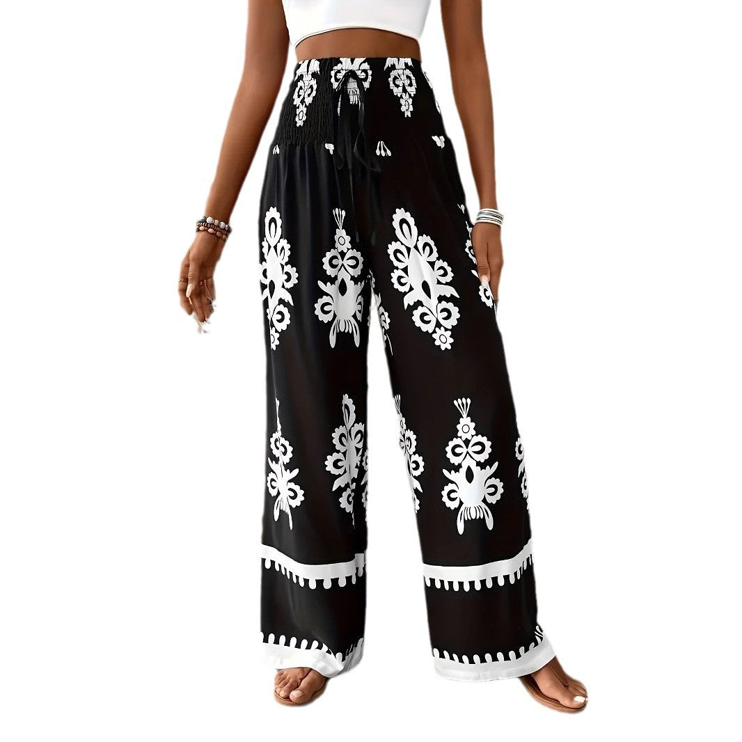 Women's 3D Pattern Lace-up Casual High Waist Print Wide-leg Pants - cas7m