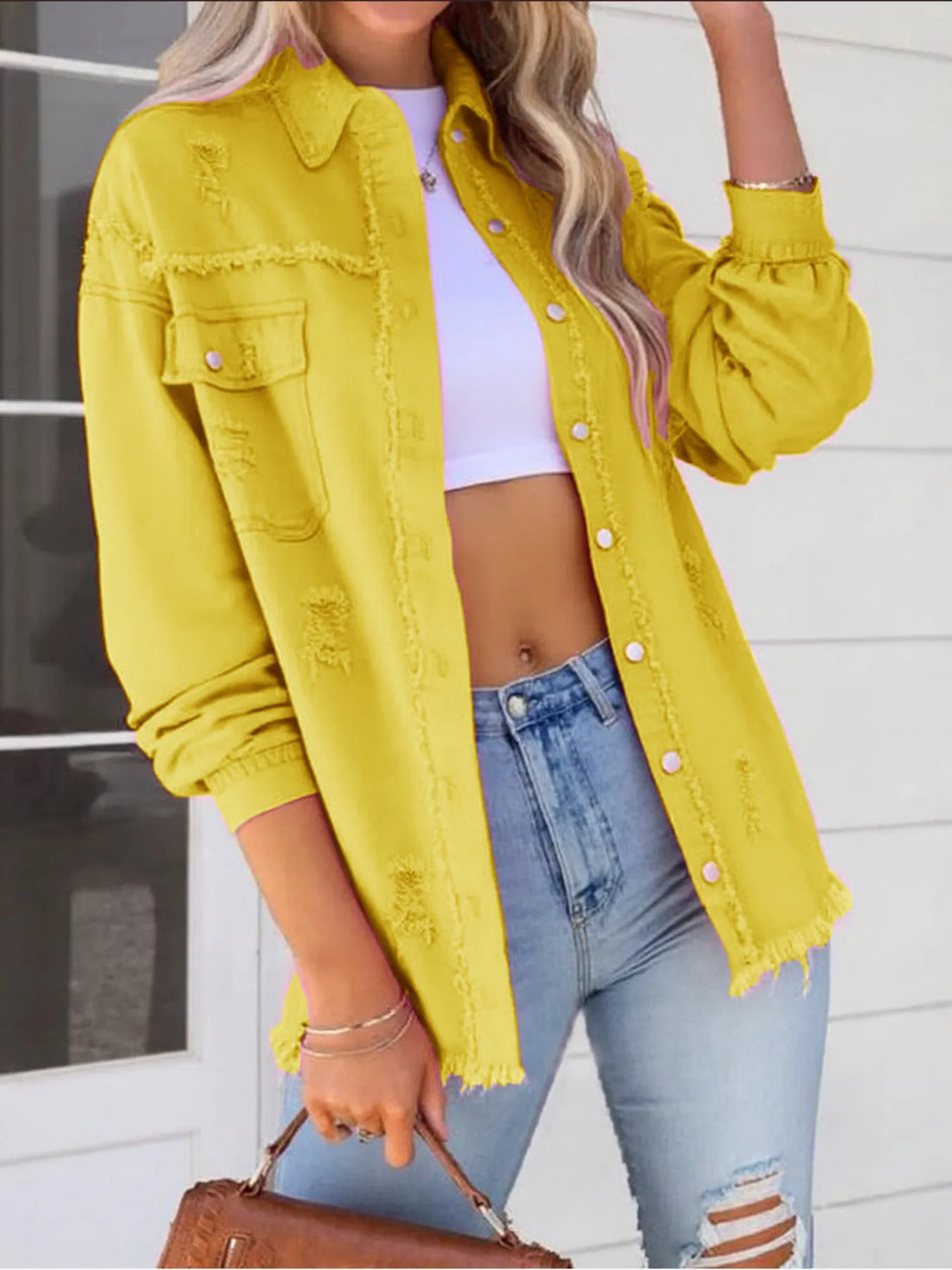 Distressed Denim Jacket with Frayed Edges - cas7m