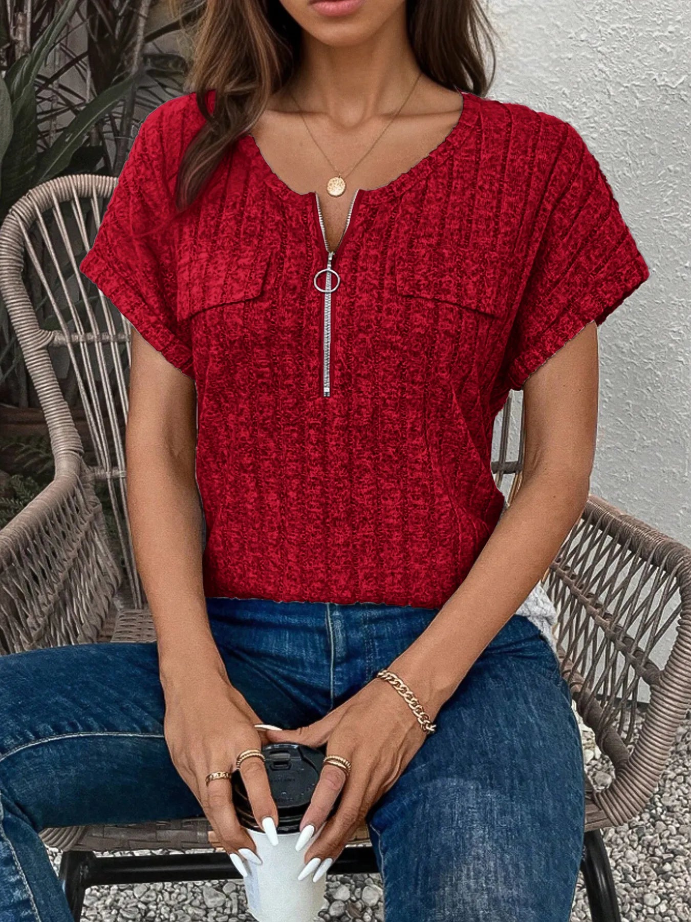 Zip-Front Short Sleeve T-Shirt - cas7m