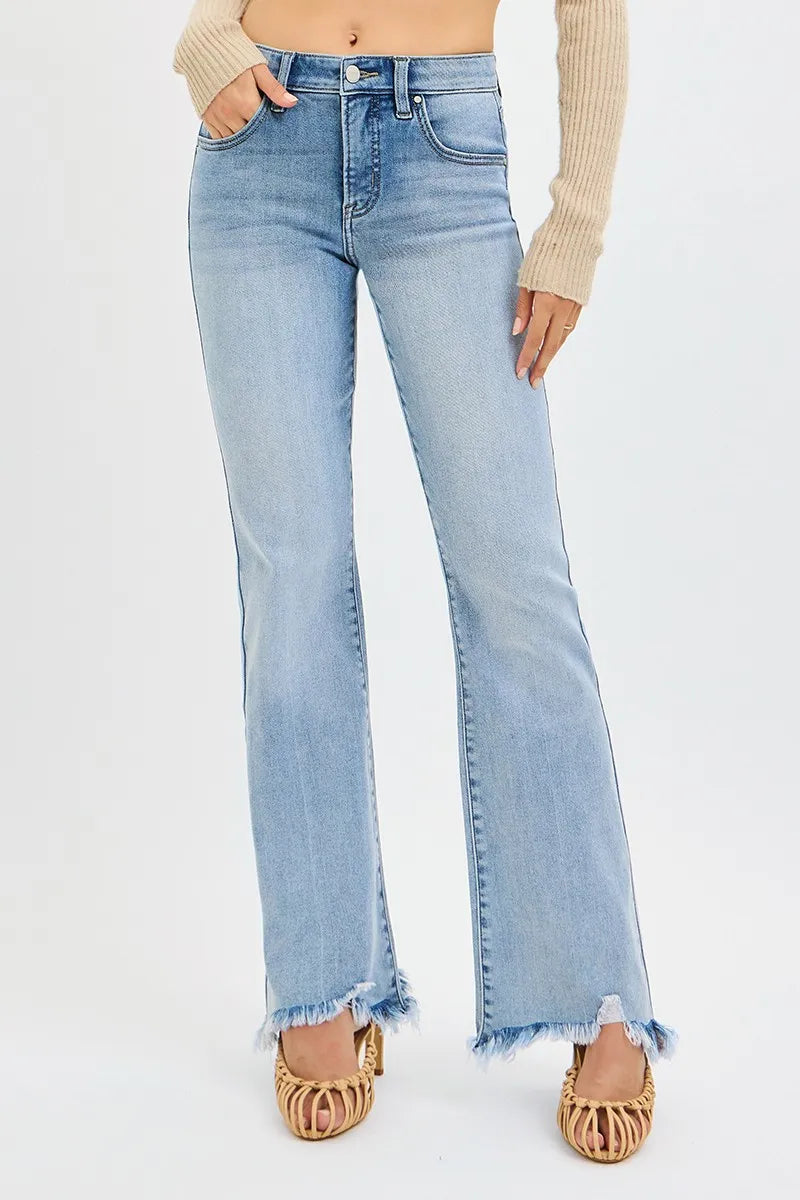 RISEN Full Size Tummy Control Mid Rise Flare Jeans with Fray Hem Detailed Plus Size - cas7m