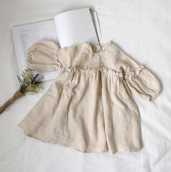 Girls' Cotton And Linen Bubble Long Sleeve Korean Style Dress - cas7m