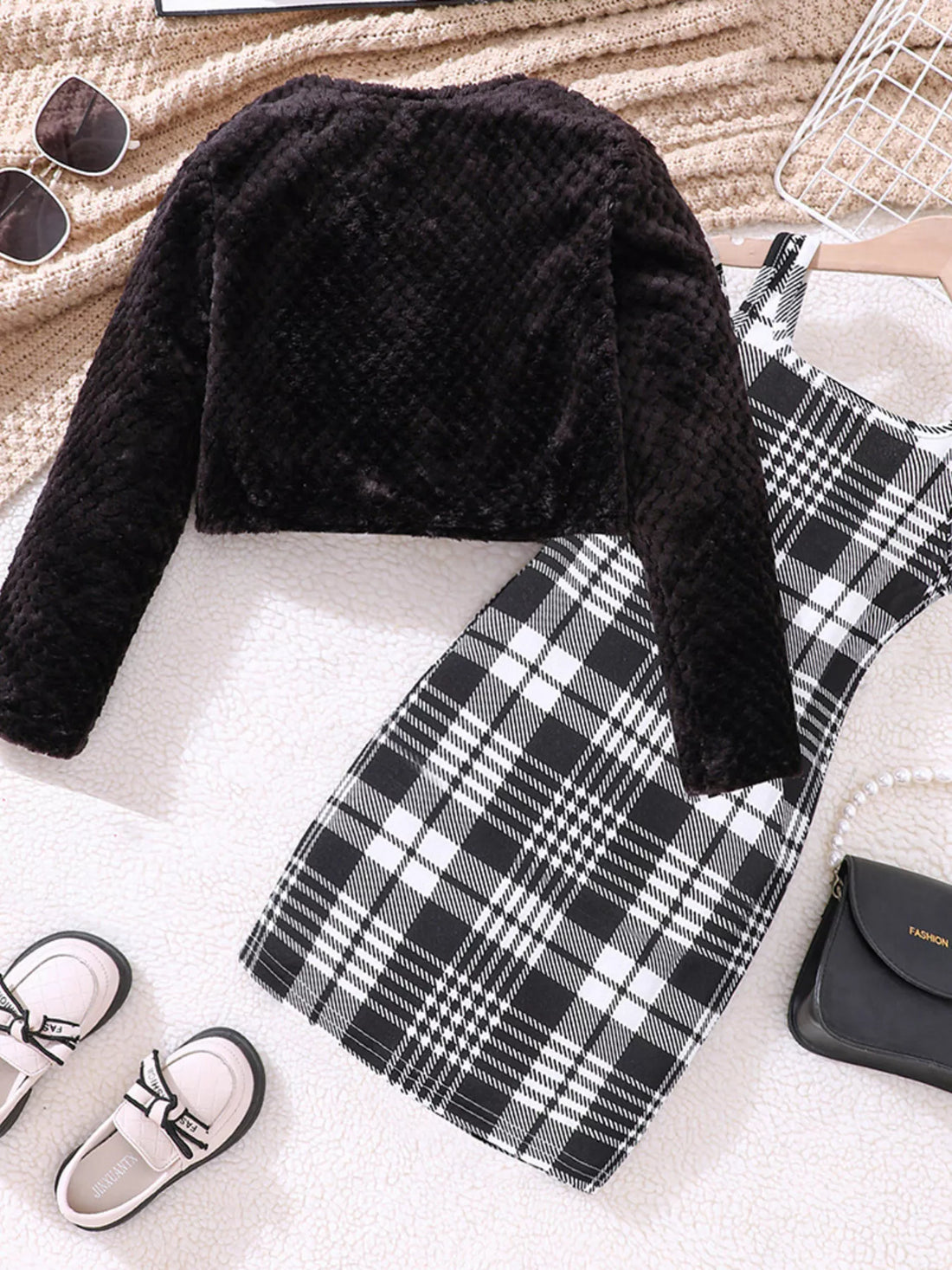 Children's Fuzzy Cardigan & Plaid Dress Set - cas7m