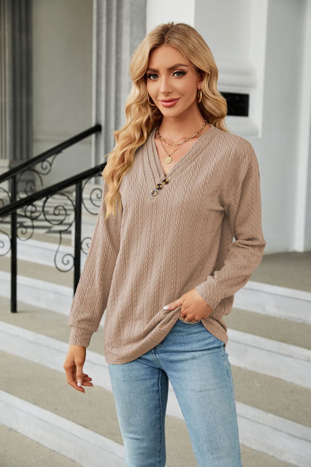 Decorative Button V-Neck Long Sleeve T-Shirt - cas7m