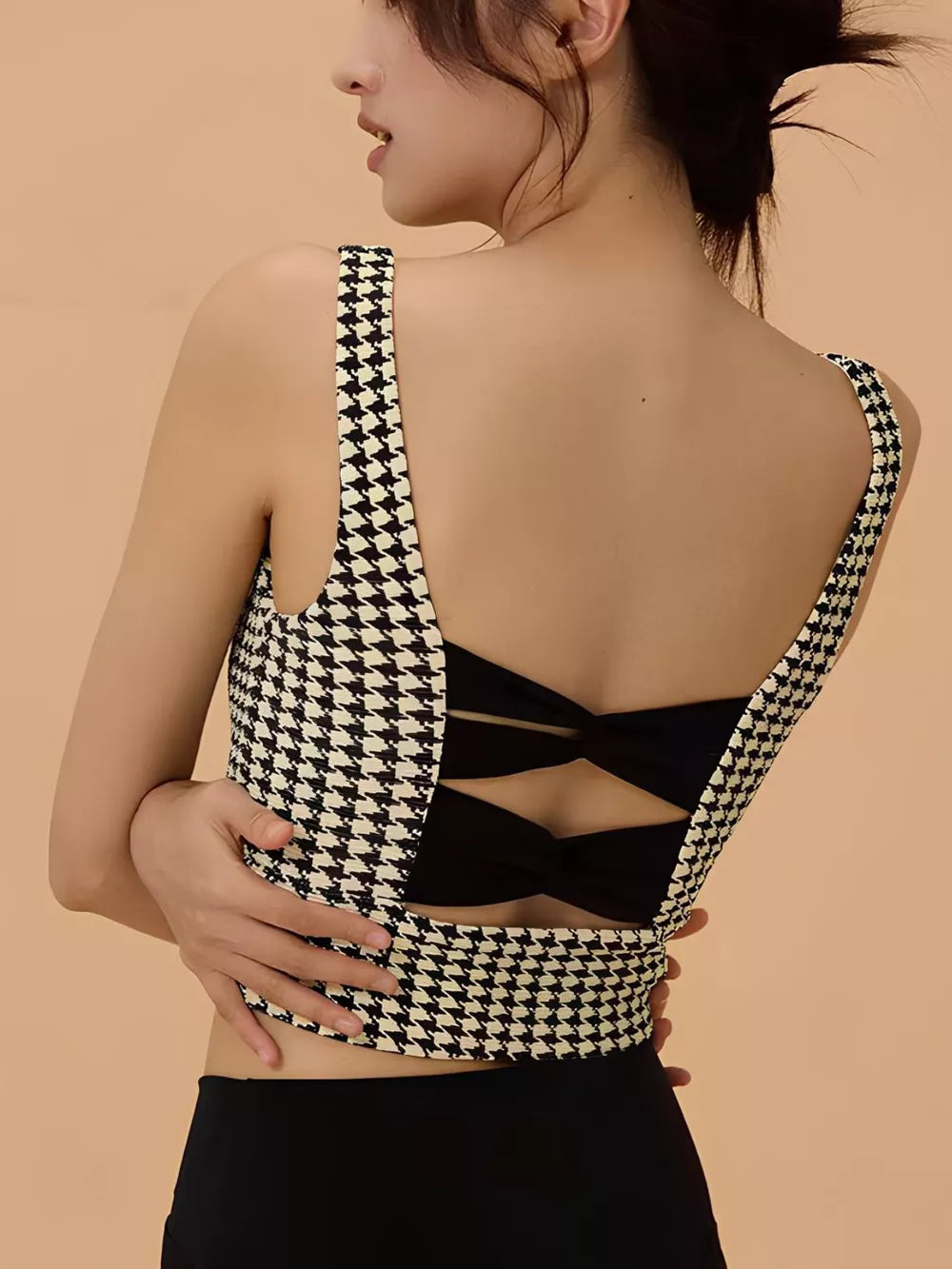 Crisscross Back Houndstooth Active Bra - cas7m