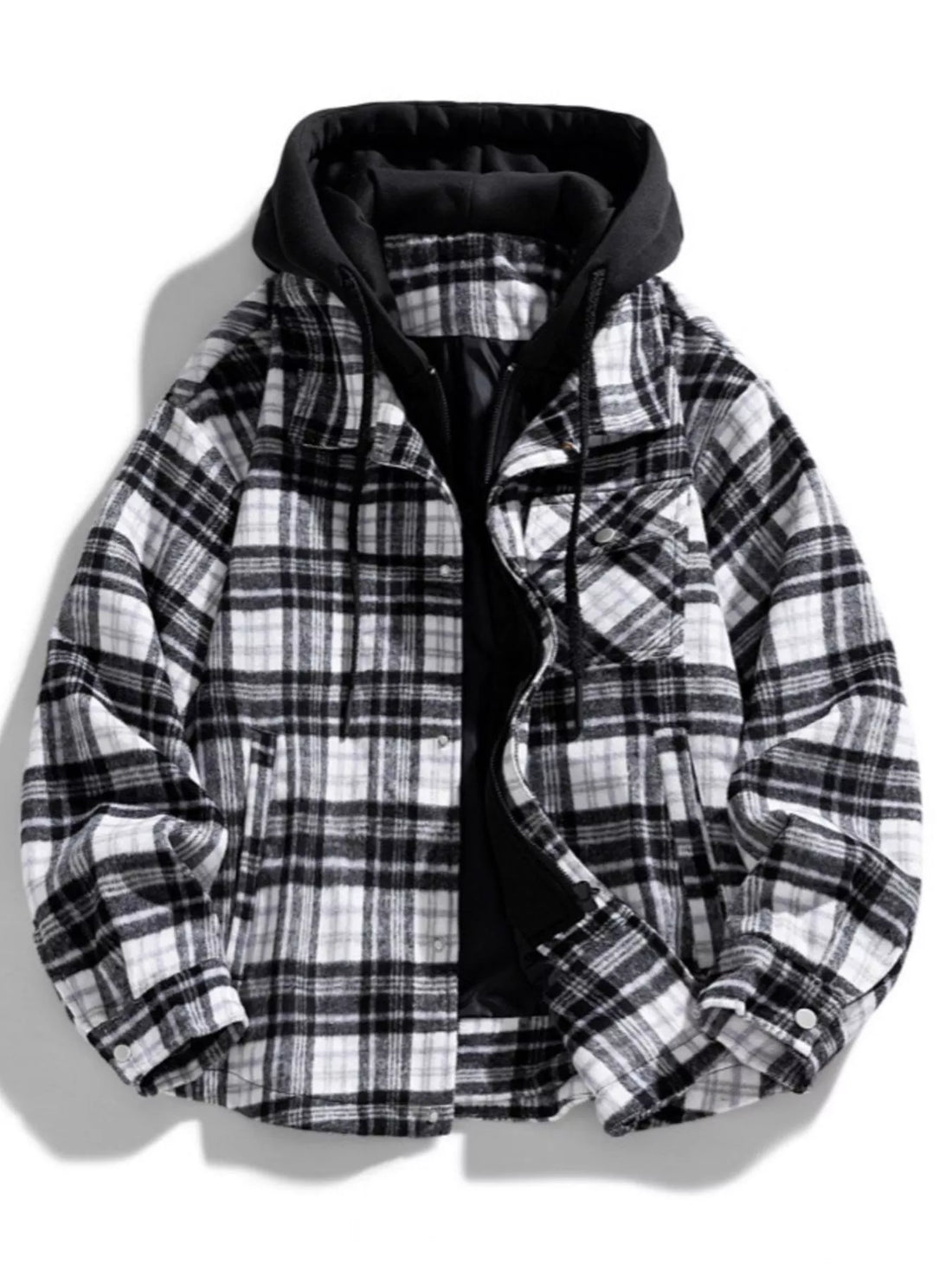 Men's Plus Size Drawstring Hooded Plaid Shirt Jacket - cas7m