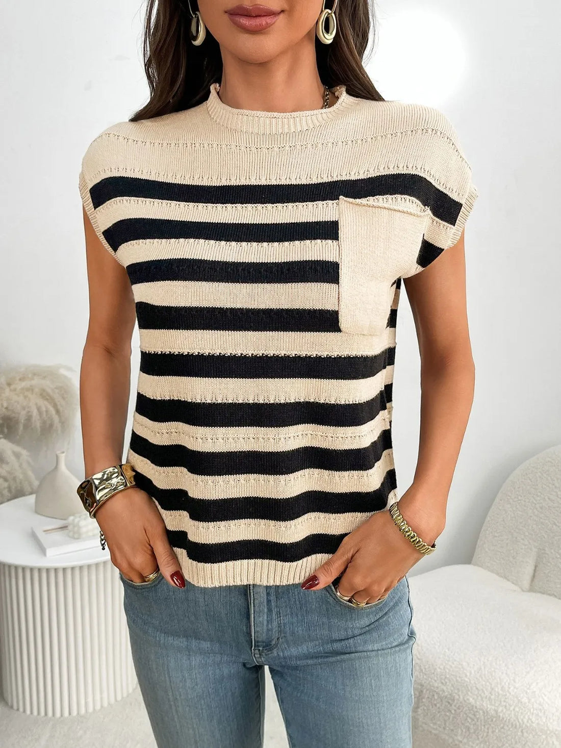 Striped Mock Neck Cap Sleeve Knit Top - cas7m