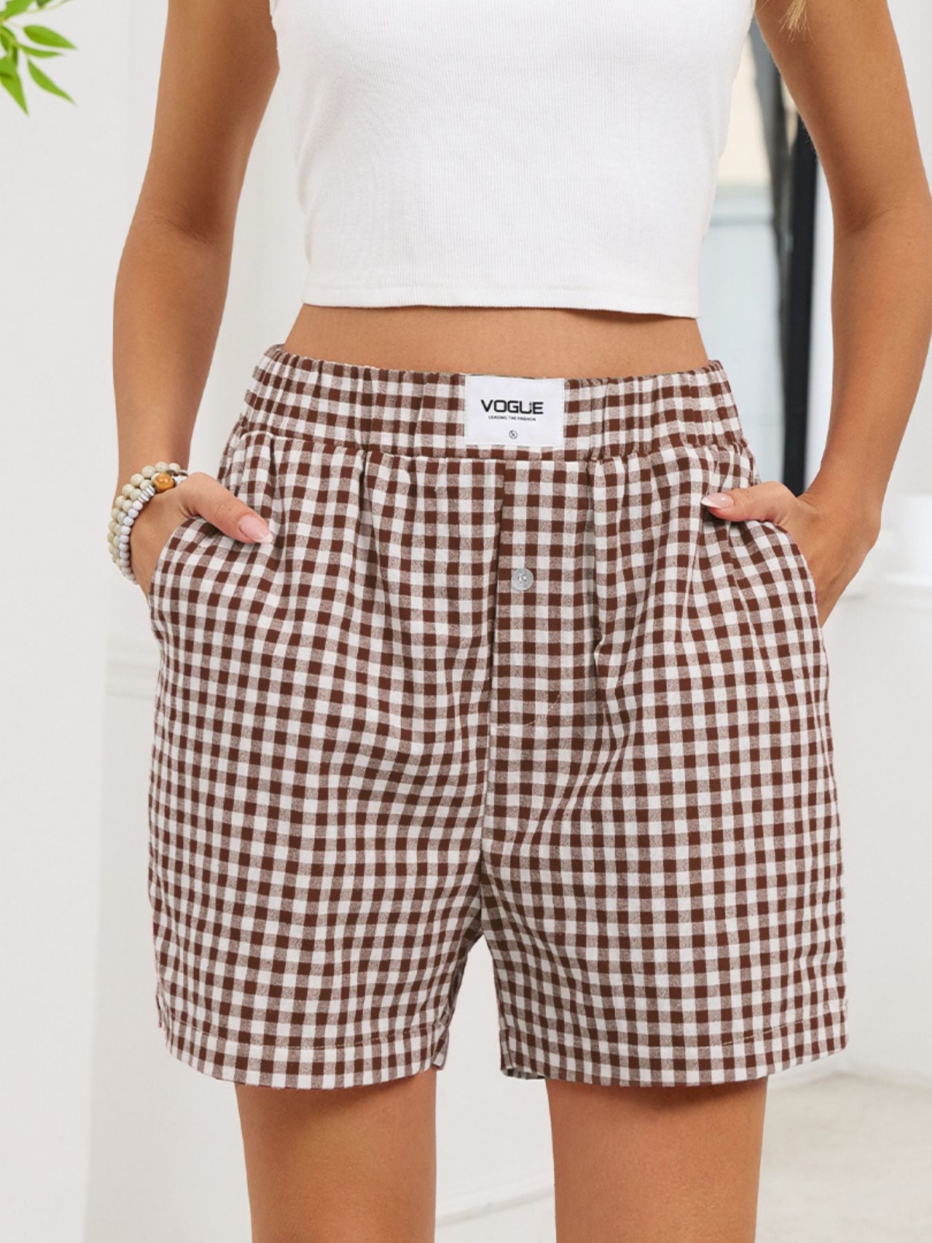 Gingham Elastic Waist Casual Shorts - cas7m