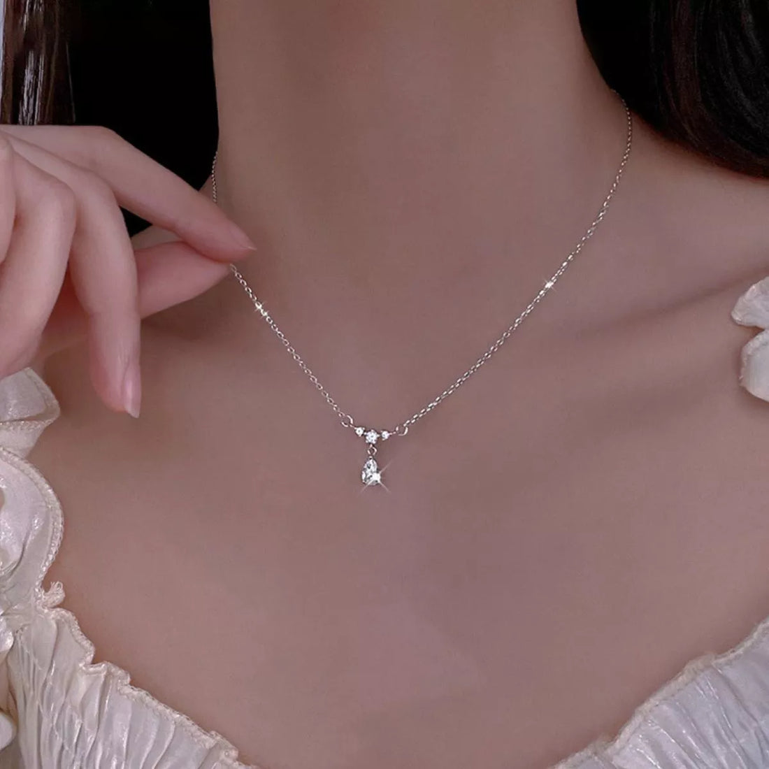 925 Sterling Silver Zircon Teardrop Necklace - cas7m